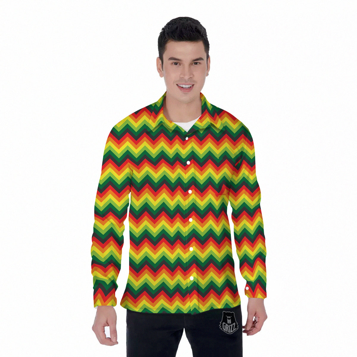 Reggae Zig Zag Print Pattern Men's Long Sleeve Shirts-grizzshop