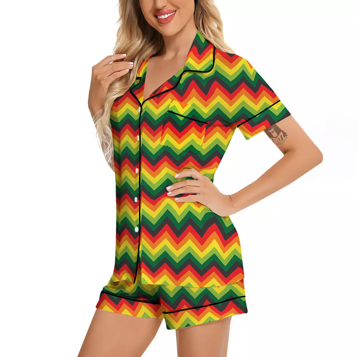 Reggae Zig Zag Print Pattern Women Silk Pajamas-grizzshop