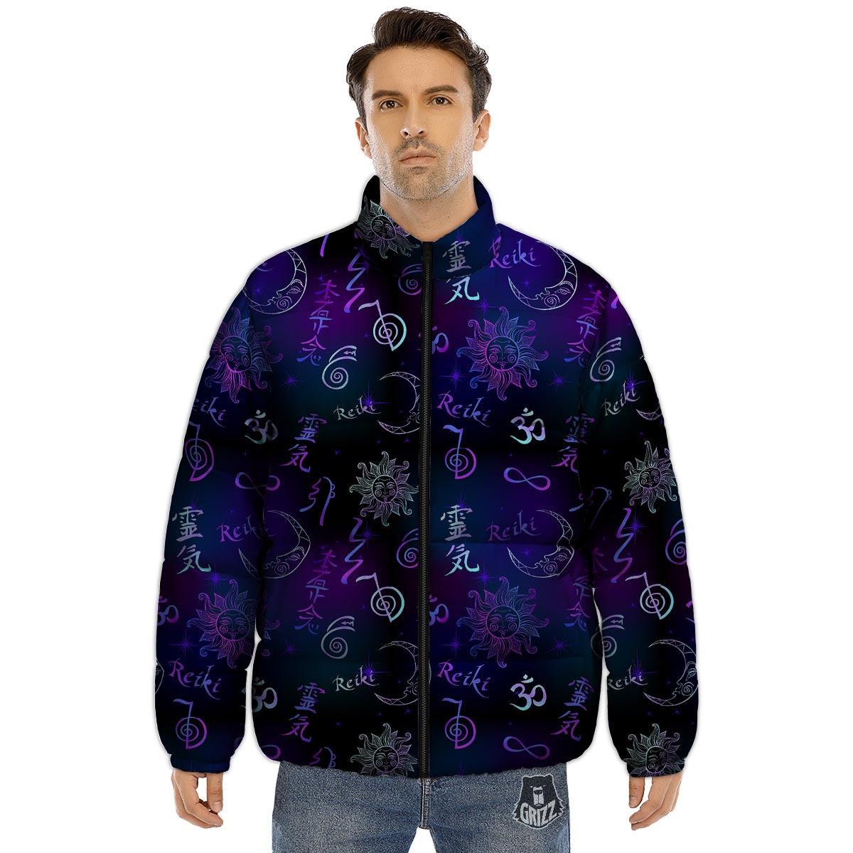 Reiki Energy Print Pattern Puffer Jacket-grizzshop