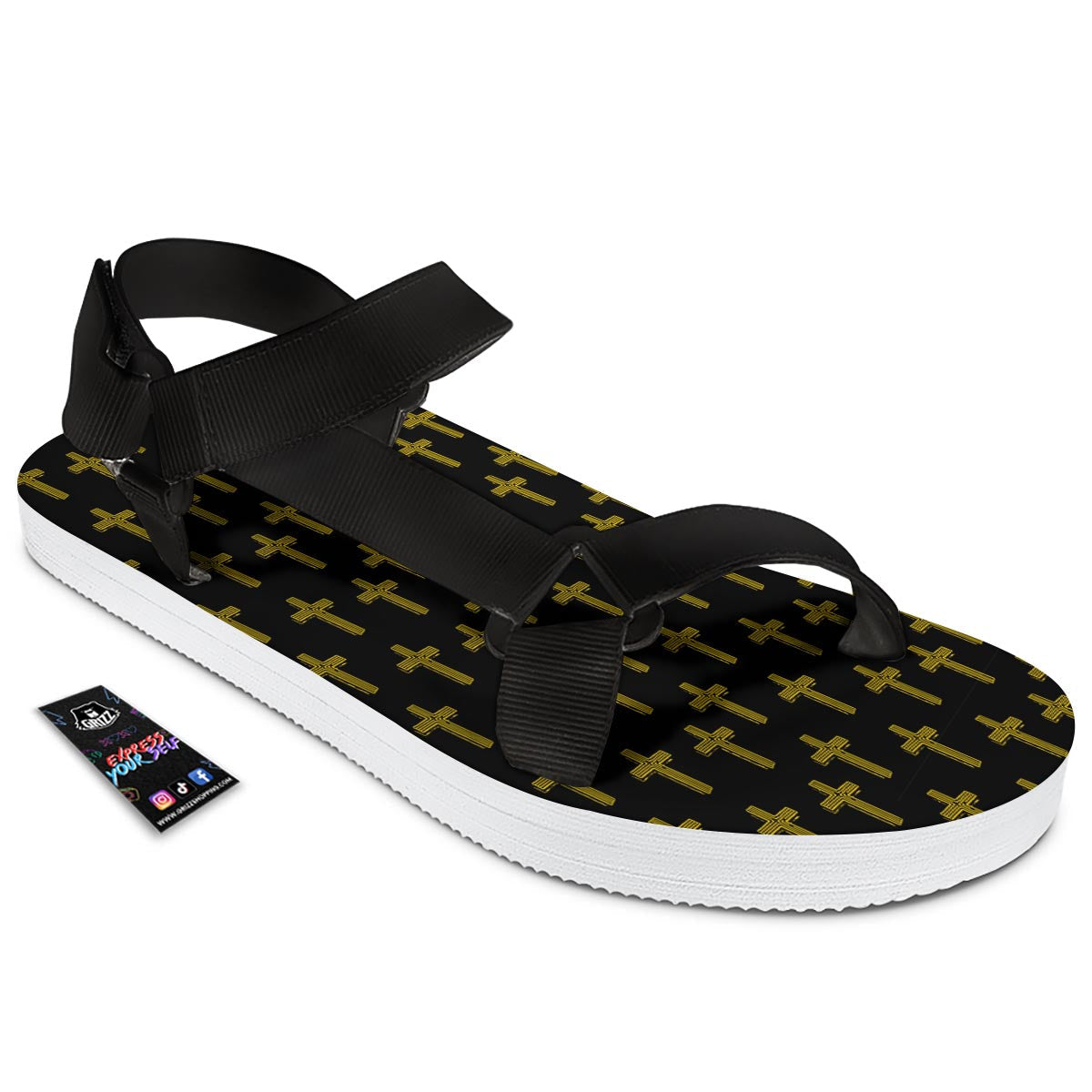 Religious Christian Cross Print Pattern Black Open Toe Sandals-grizzshop