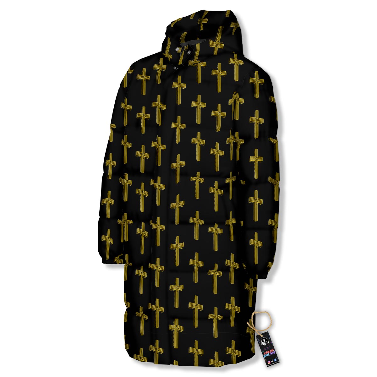 Religious Christian Cross Print Pattern Long Down Jacket-grizzshop