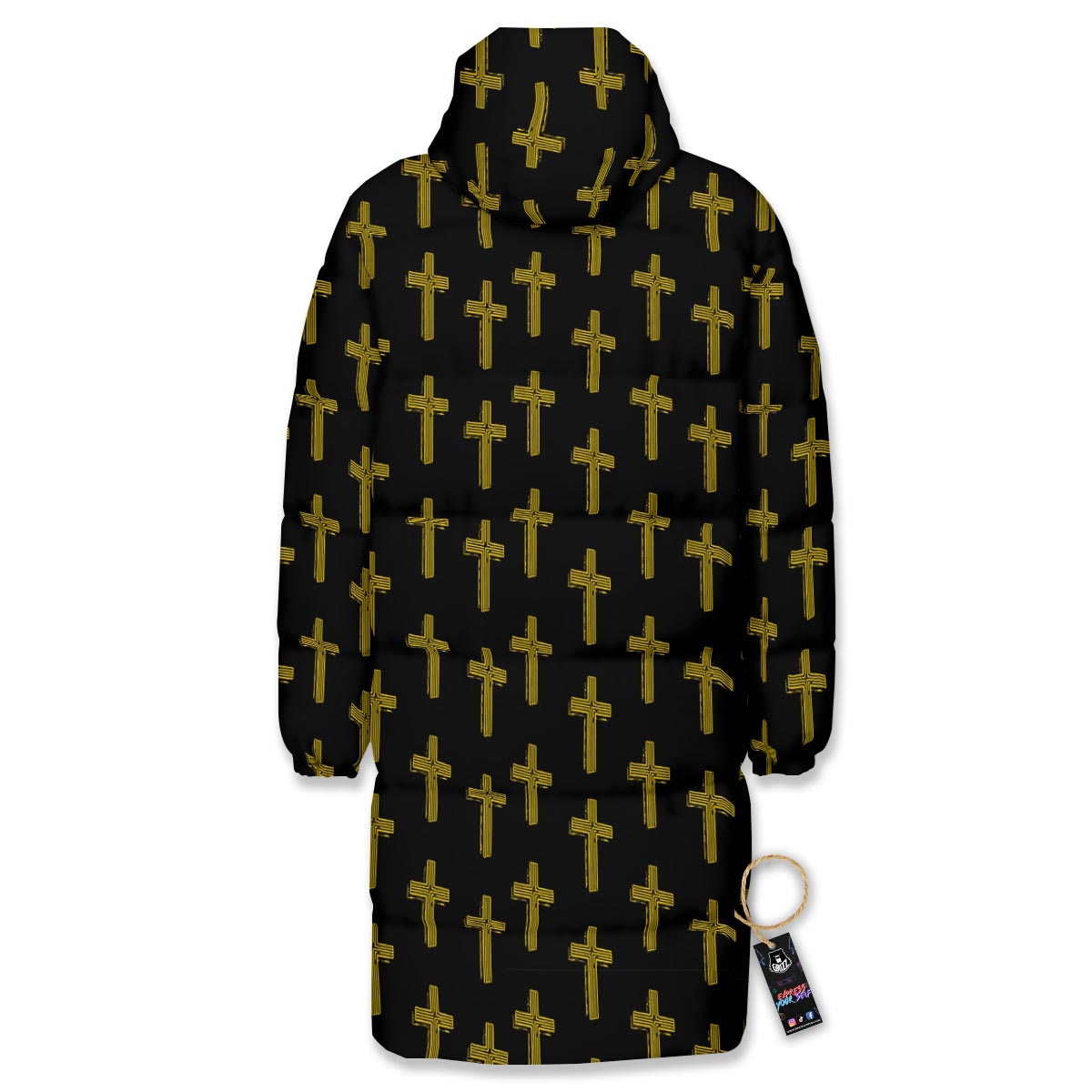 Religious Christian Cross Print Pattern Long Down Jacket-grizzshop