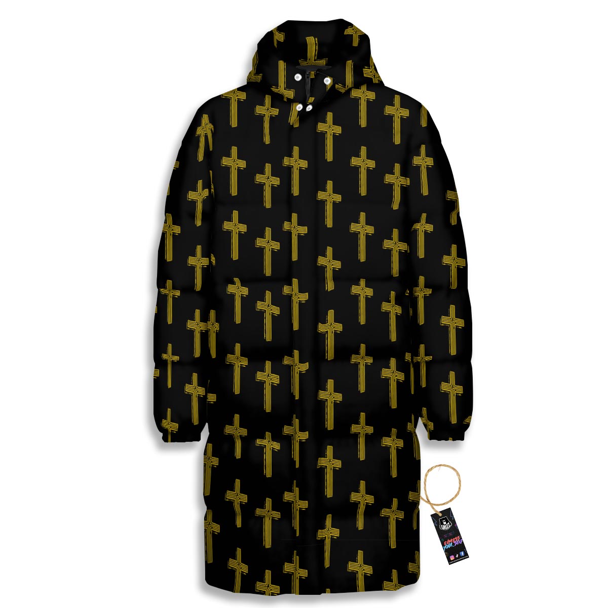Religious Christian Cross Print Pattern Long Down Jacket-grizzshop