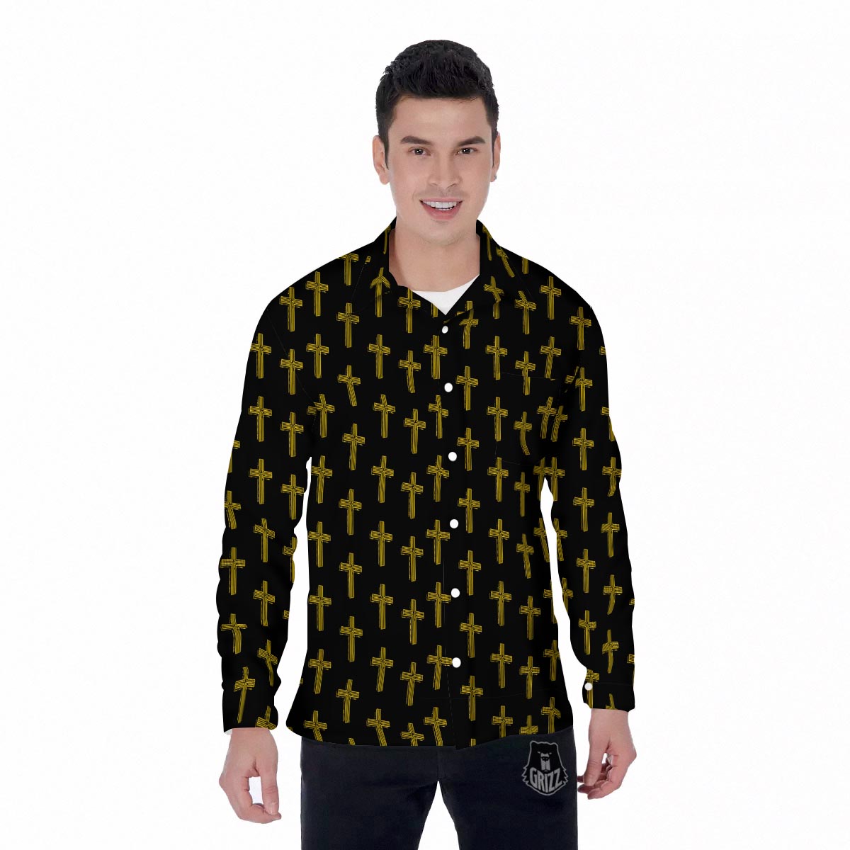 Religious Christian Cross Print Pattern Men's Long Sleeve Shirts-grizzshop