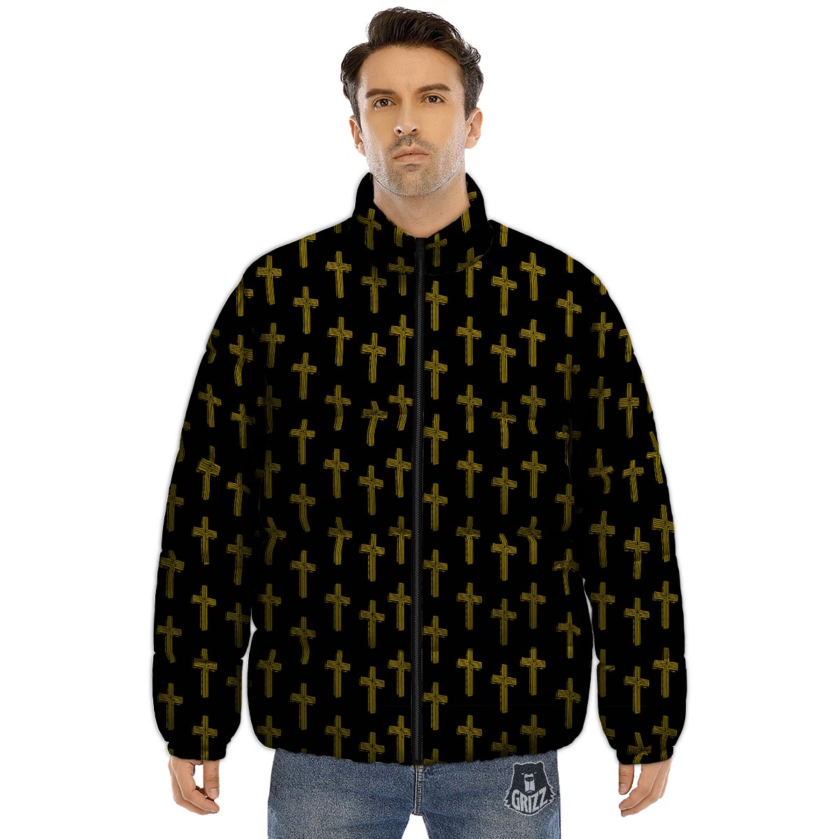 Religious Christian Cross Print Pattern Puffer Jacket-grizzshop