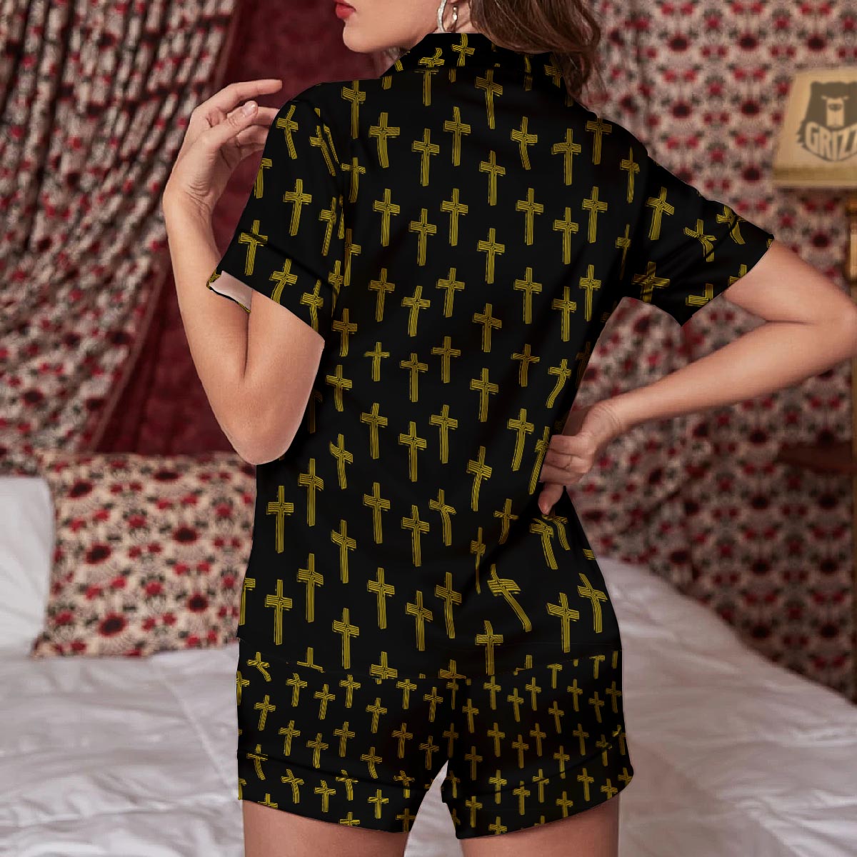 Religious Christian Cross Print Pattern Women Silk Pajamas-grizzshop
