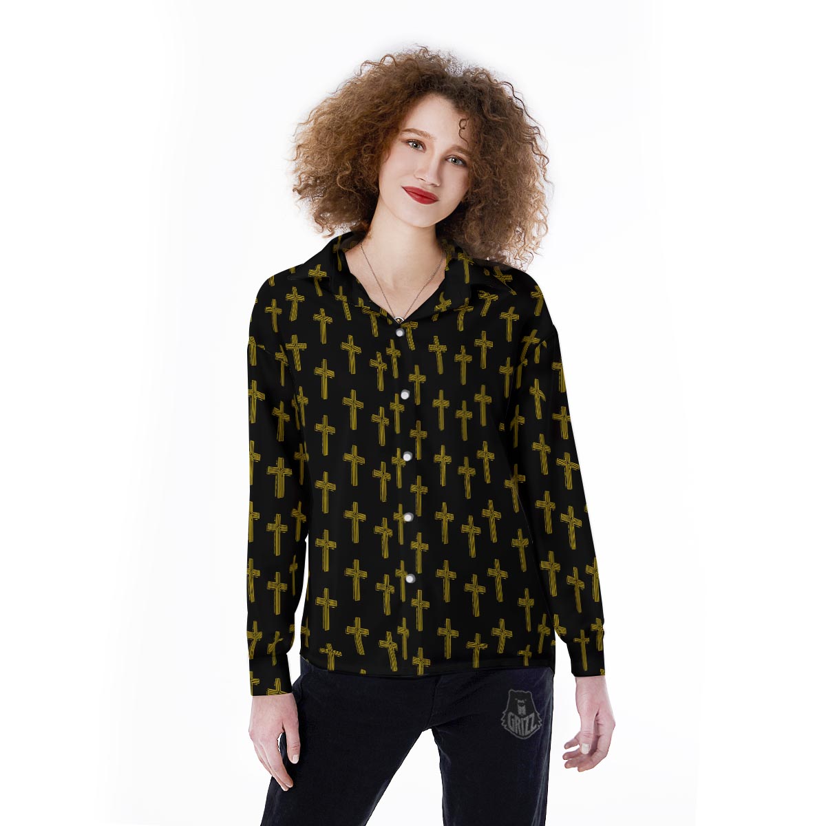 Religious Christian Cross Print Pattern Women's Long Sleeve Shirts-grizzshop