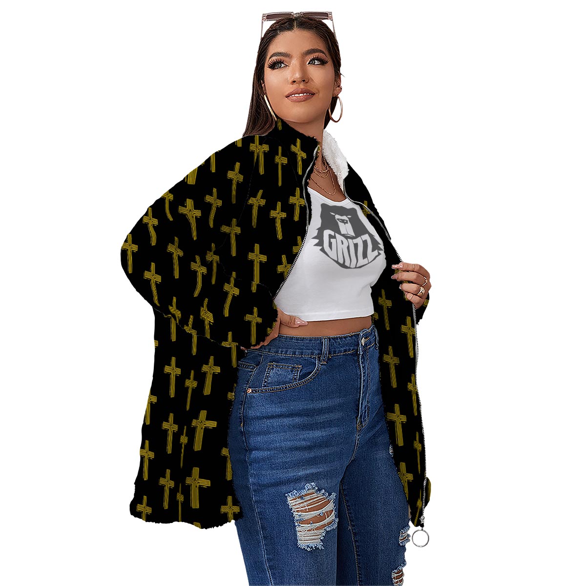 Religious Christian Cross Print Pattern Women's Sherpa Jacket-grizzshop