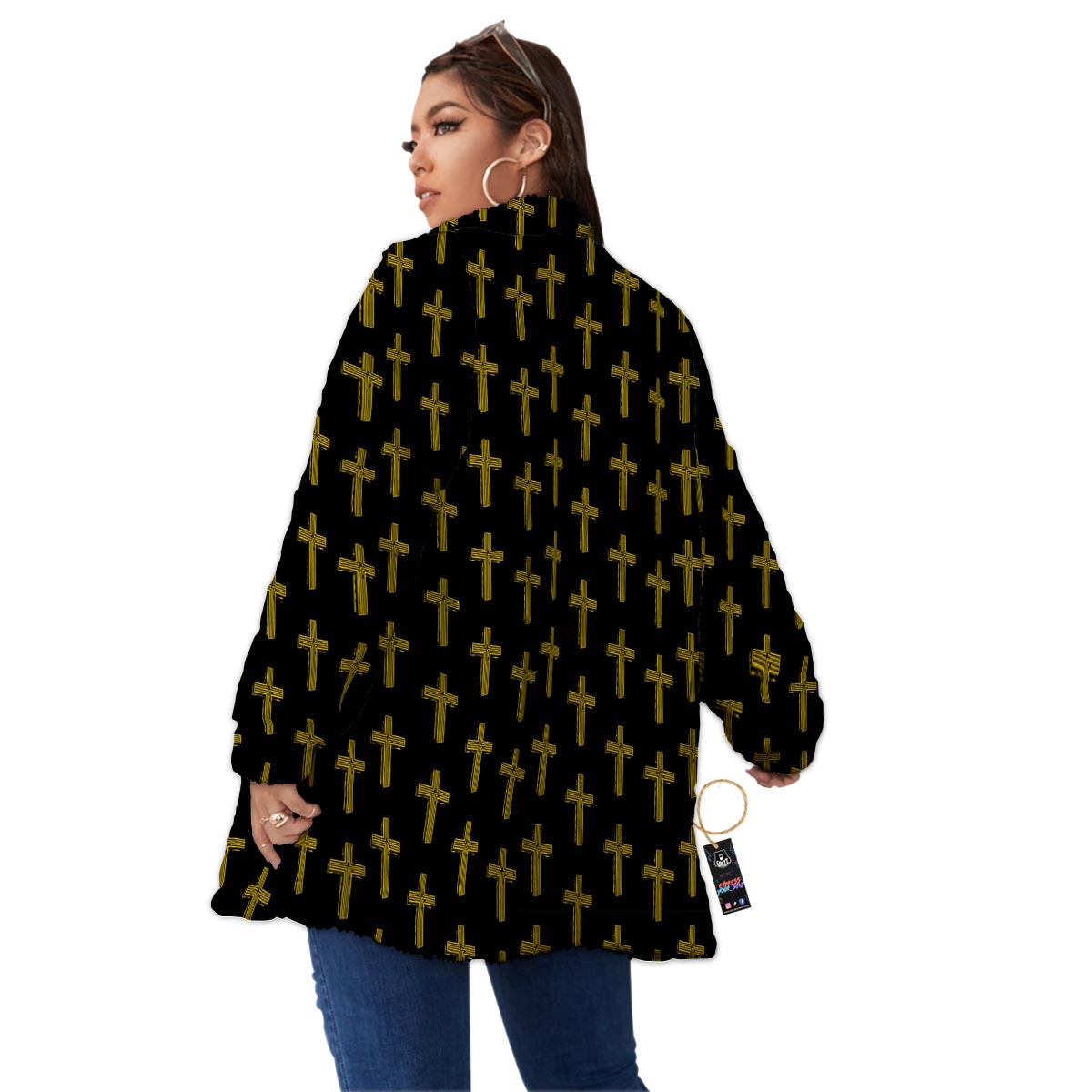 Religious Christian Cross Print Pattern Women's Sherpa Jacket-grizzshop
