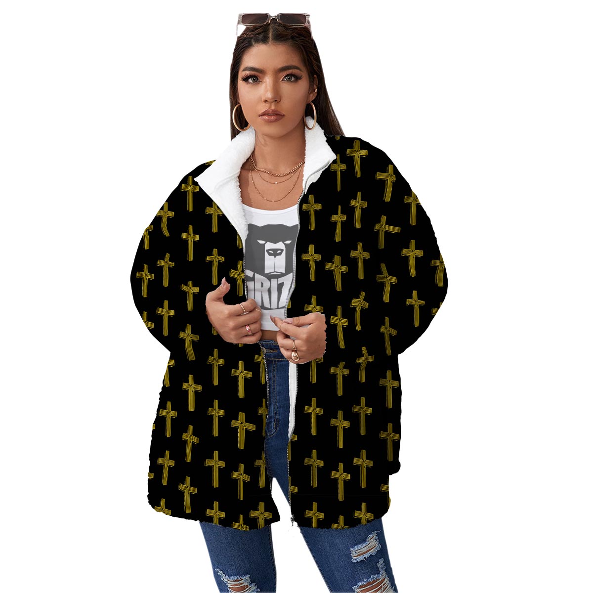 Religious Christian Cross Print Pattern Women's Sherpa Jacket-grizzshop