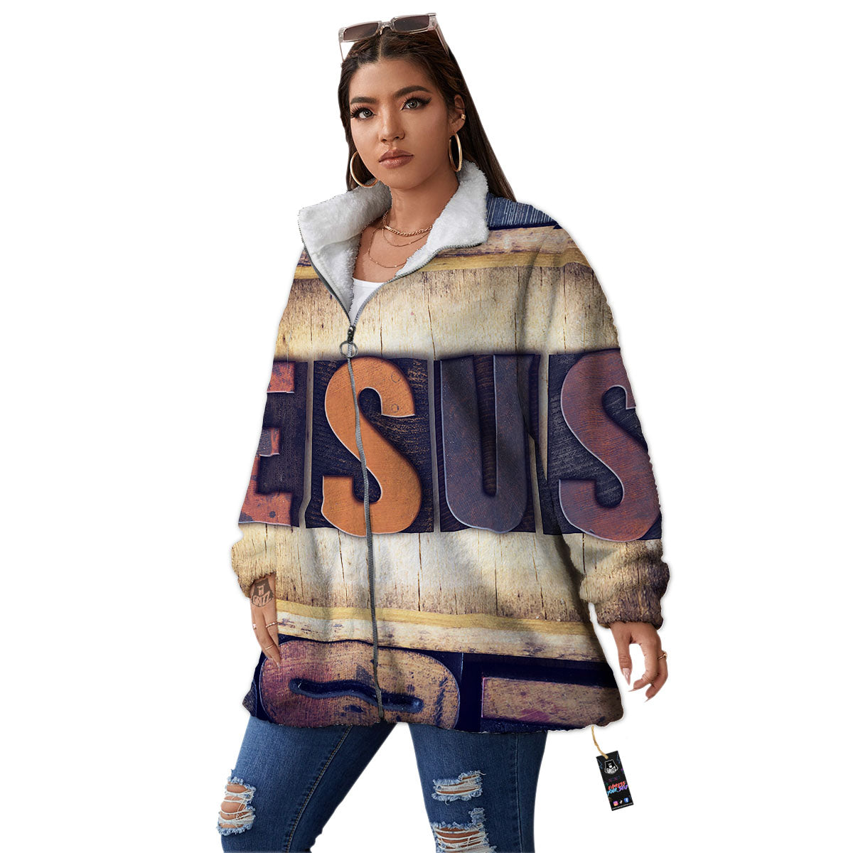 Religious Jesus Words Print Women's Sherpa Jacket-grizzshop