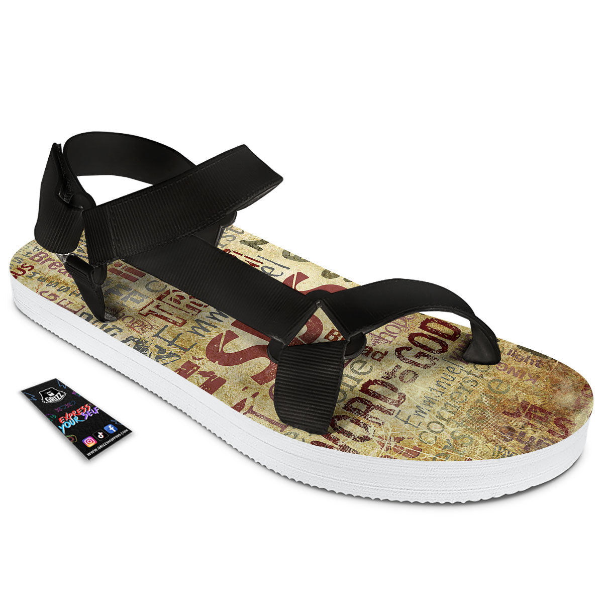 Religious Of God Word Print Black Open Toe Sandals-grizzshop