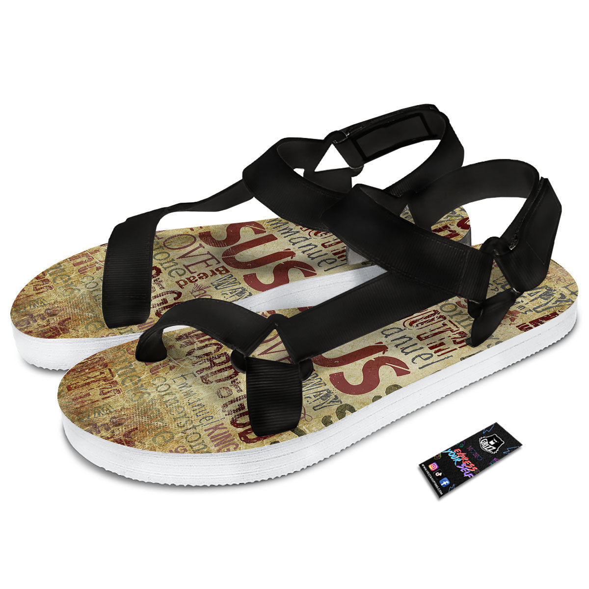 Religious Of God Word Print Black Open Toe Sandals-grizzshop