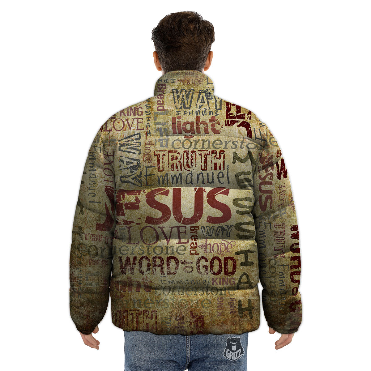 Religious Of God Word Print Puffer Jacket-grizzshop