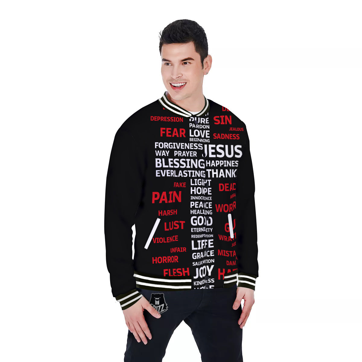 Religious Words Christian Cross Print Baseball Jacket-grizzshop