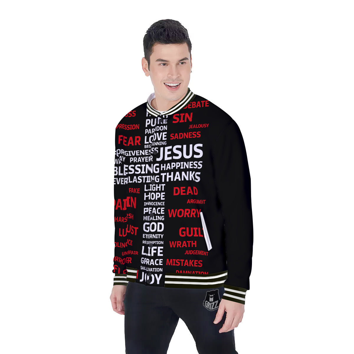 Religious Words Christian Cross Print Baseball Jacket-grizzshop
