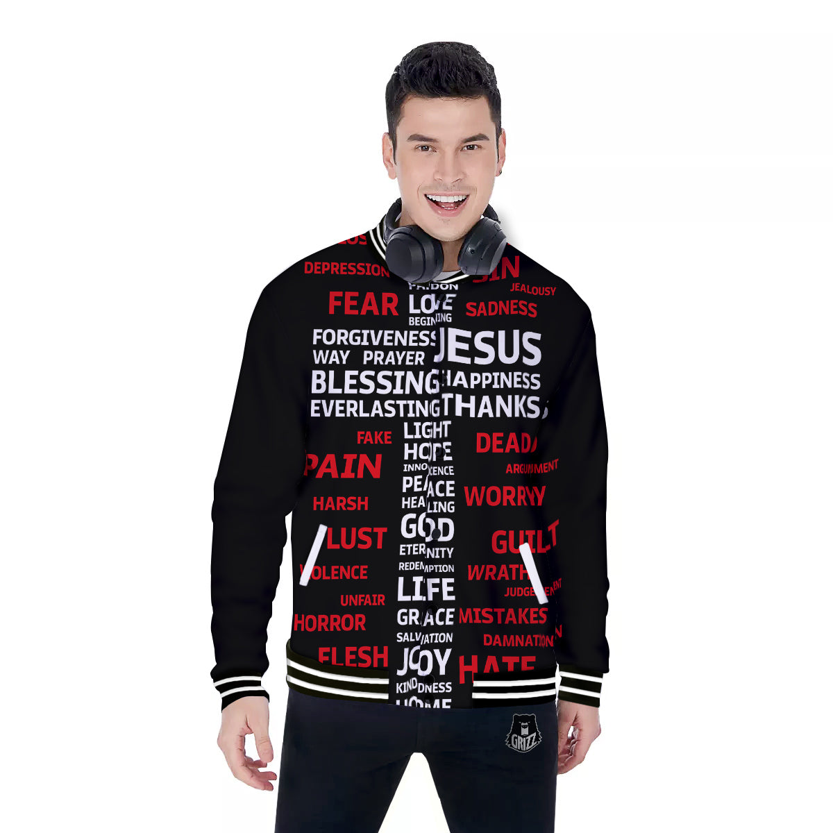 Religious Words Christian Cross Print Baseball Jacket-grizzshop