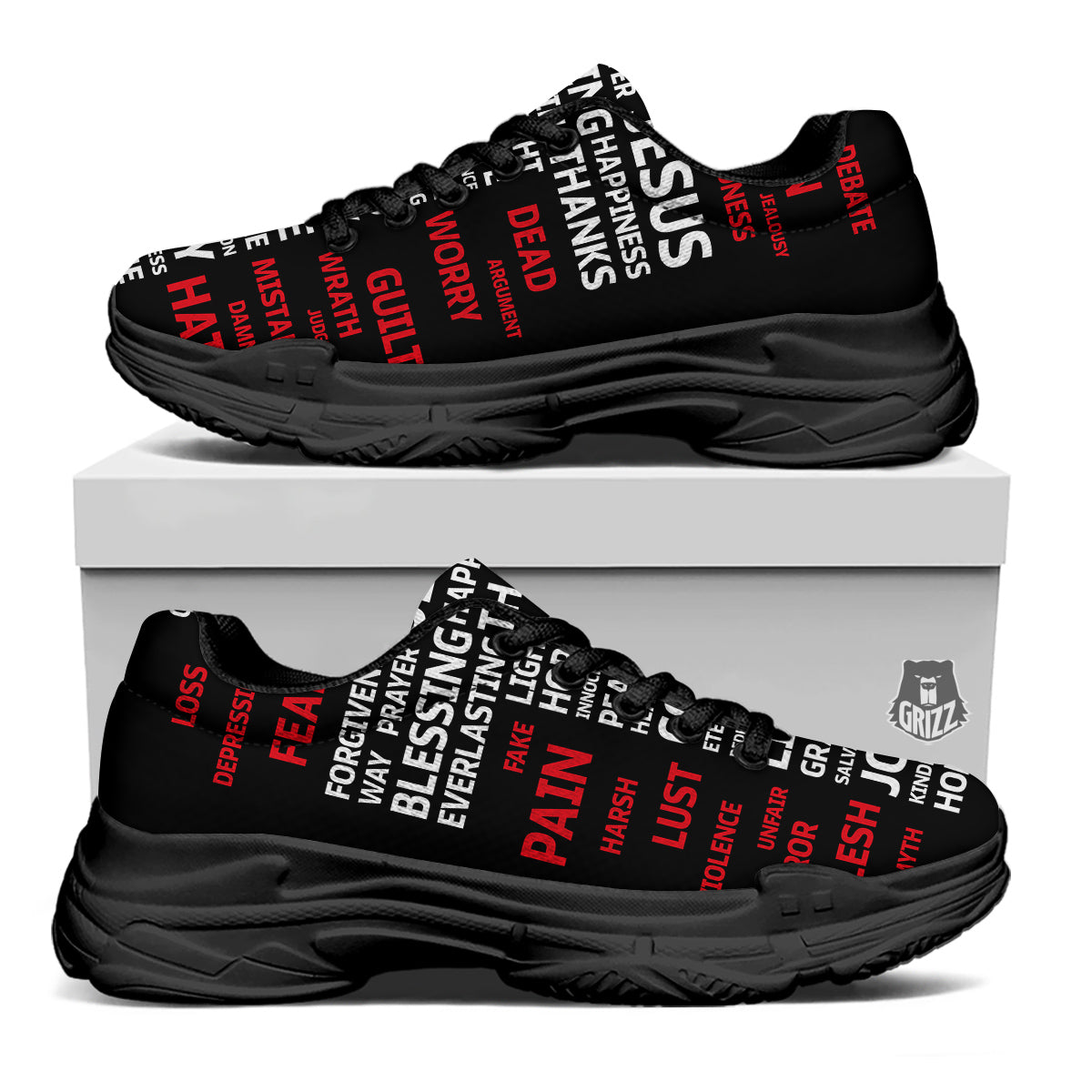 Religious Words Christian Cross Print Black Chunky Shoes-grizzshop