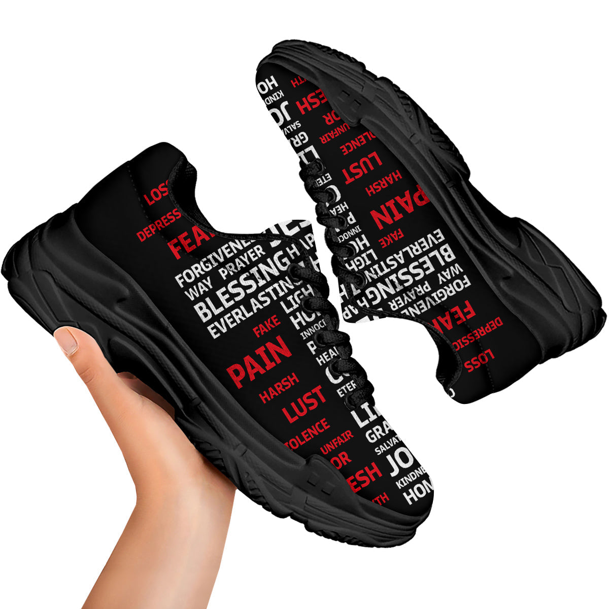 Religious Words Christian Cross Print Black Chunky Shoes-grizzshop