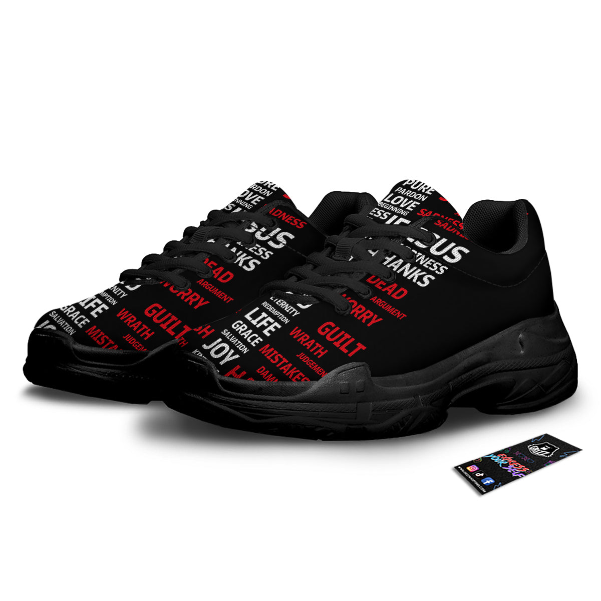 Religious Words Christian Cross Print Black Chunky Shoes-grizzshop