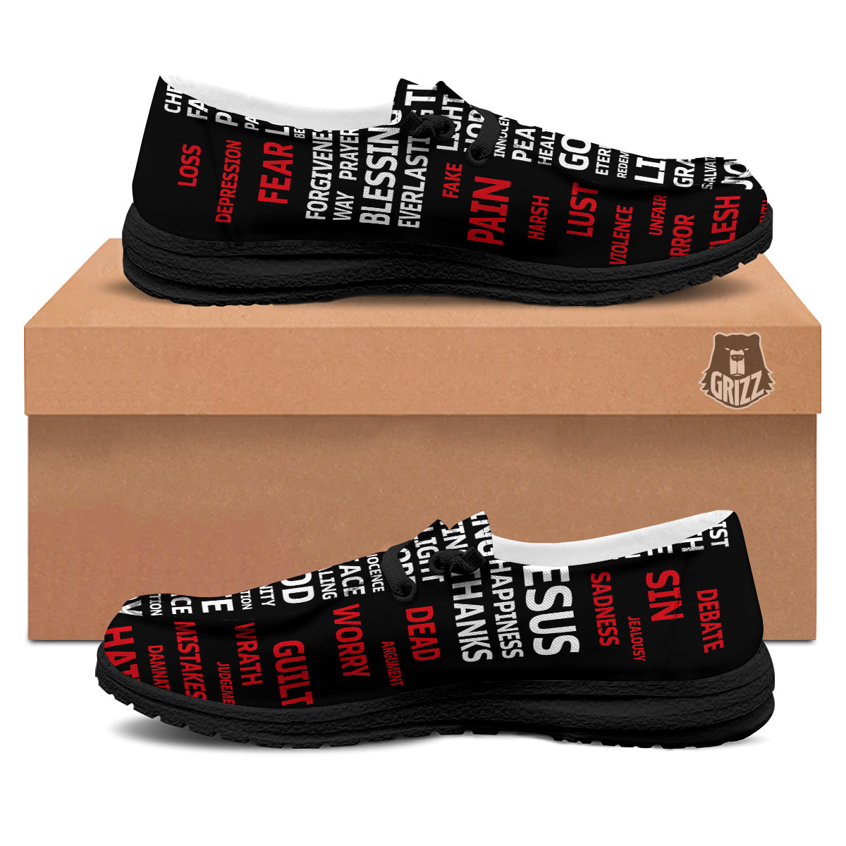 Religious Words Christian Cross Print Black Loafers-grizzshop