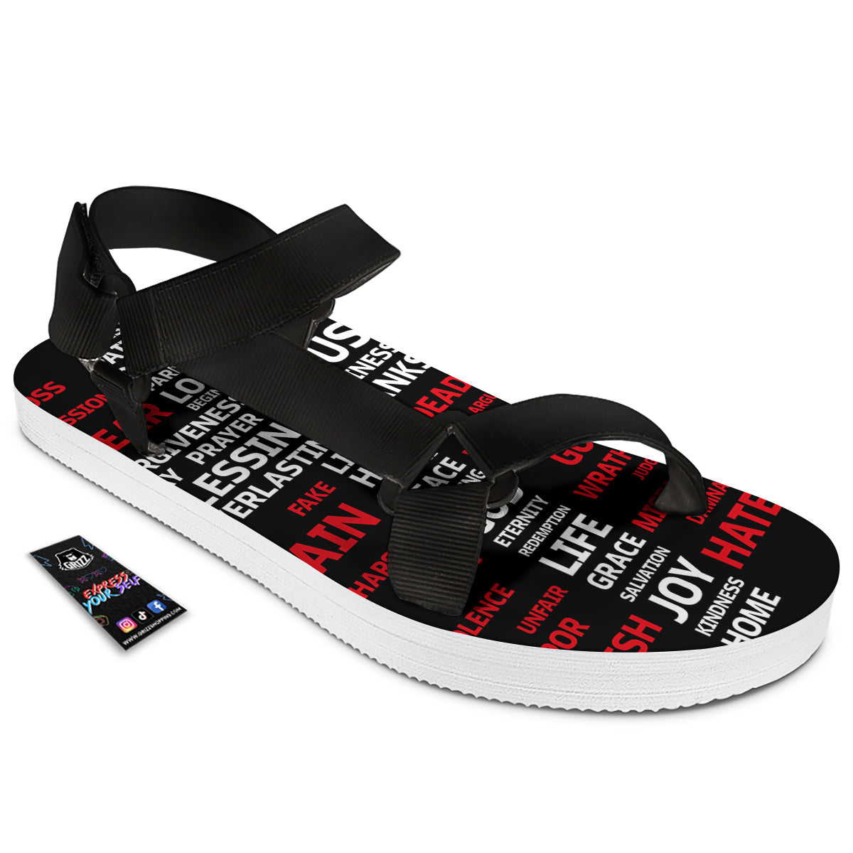 Religious Words Christian Cross Print Black Open Toe Sandals-grizzshop