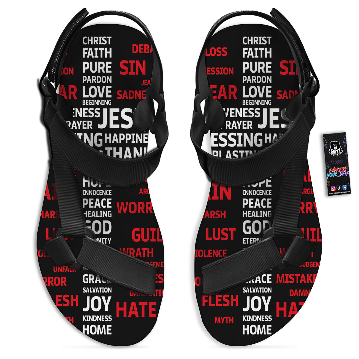 Religious Words Christian Cross Print Black Open Toe Sandals-grizzshop