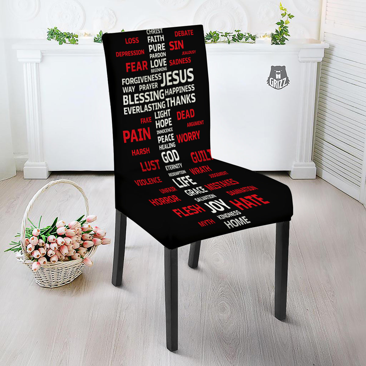 Religious Words Christian Cross Print Dining Chair Slipcover-grizzshop
