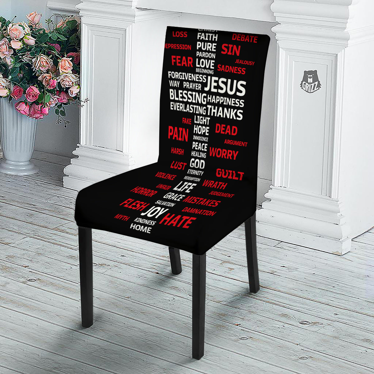 Religious Words Christian Cross Print Dining Chair Slipcover-grizzshop