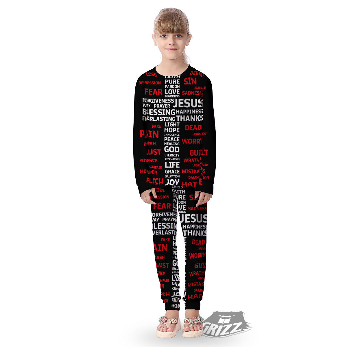 Religious Words Christian Cross Print Kid's Pajamas-grizzshop