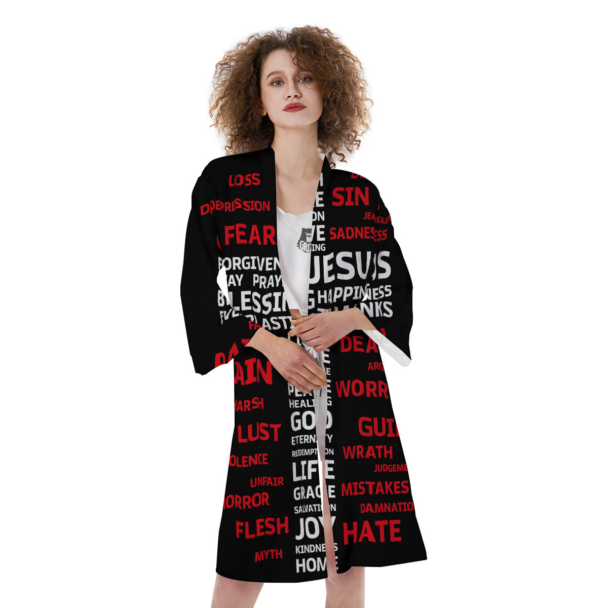 Religious Words Christian Cross Print Kimono-grizzshop