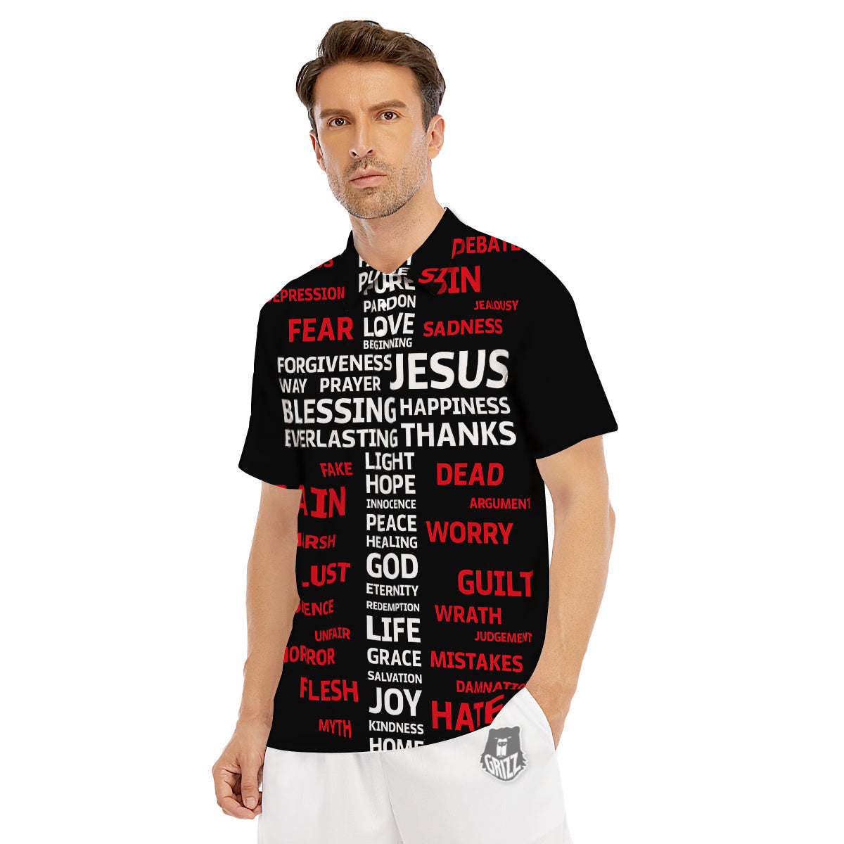 Religious Words Christian Cross Print Men's Golf Shirts-grizzshop