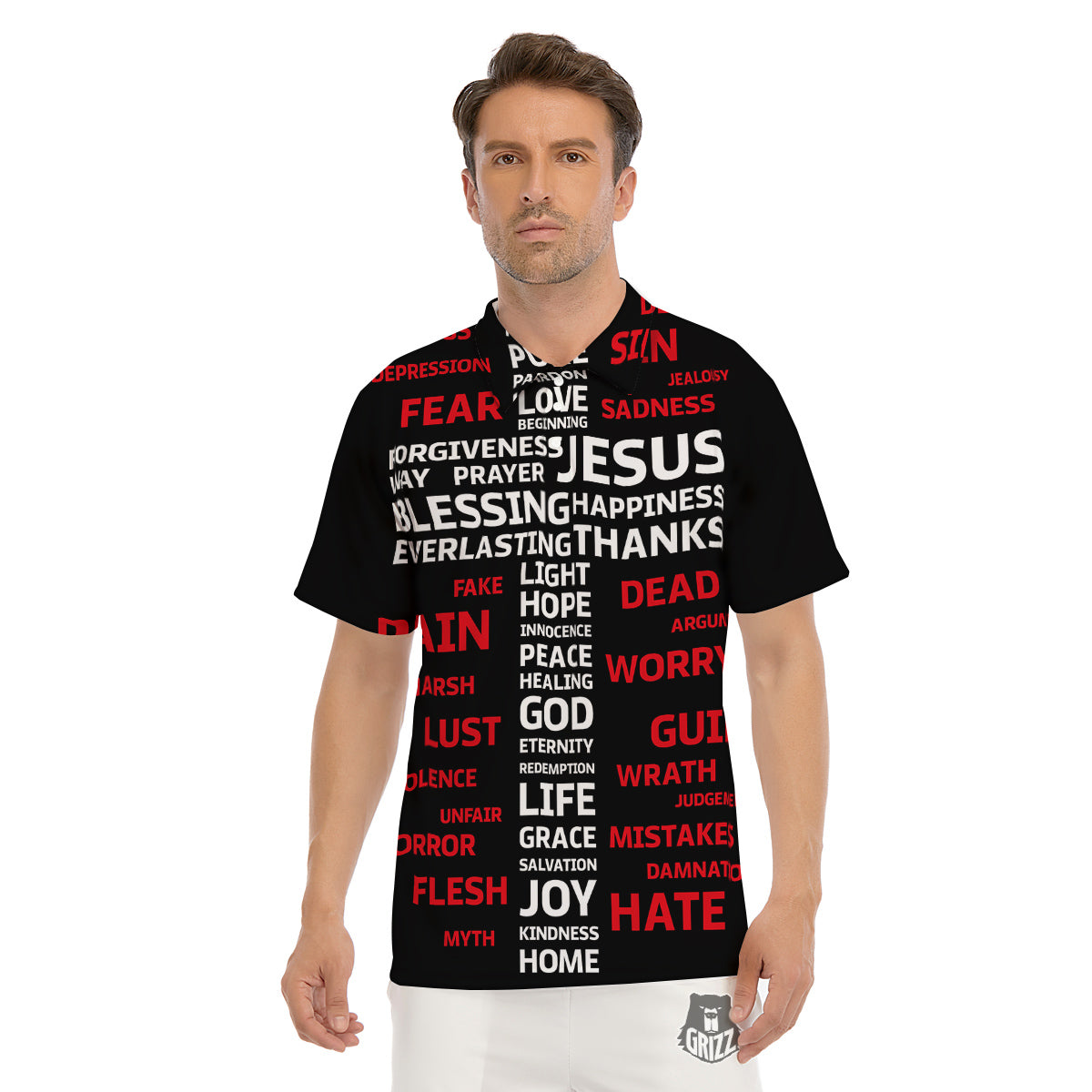 Religious Words Christian Cross Print Men's Golf Shirts-grizzshop