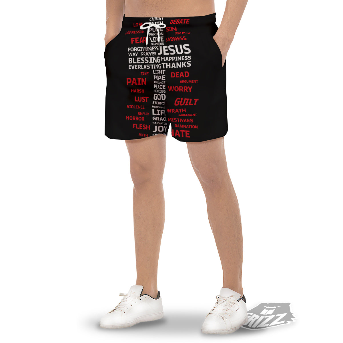 Religious Words Christian Cross Print Men's Gym Shorts-grizzshop