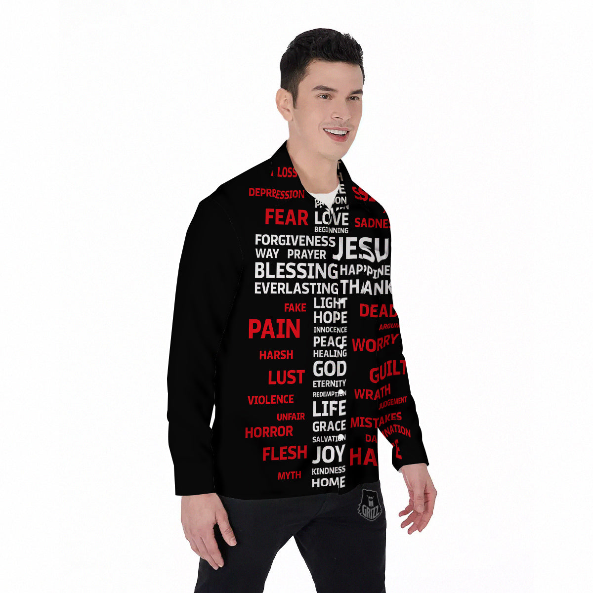 Religious Words Christian Cross Print Men's Long Sleeve Shirts-grizzshop