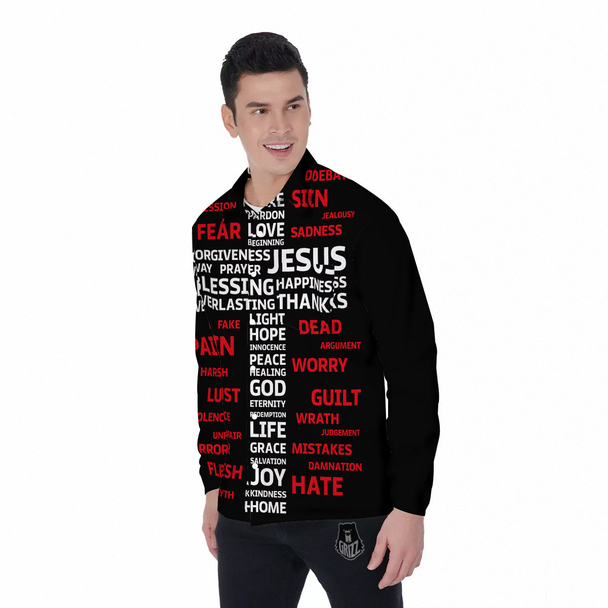 Religious Words Christian Cross Print Men's Long Sleeve Shirts-grizzshop