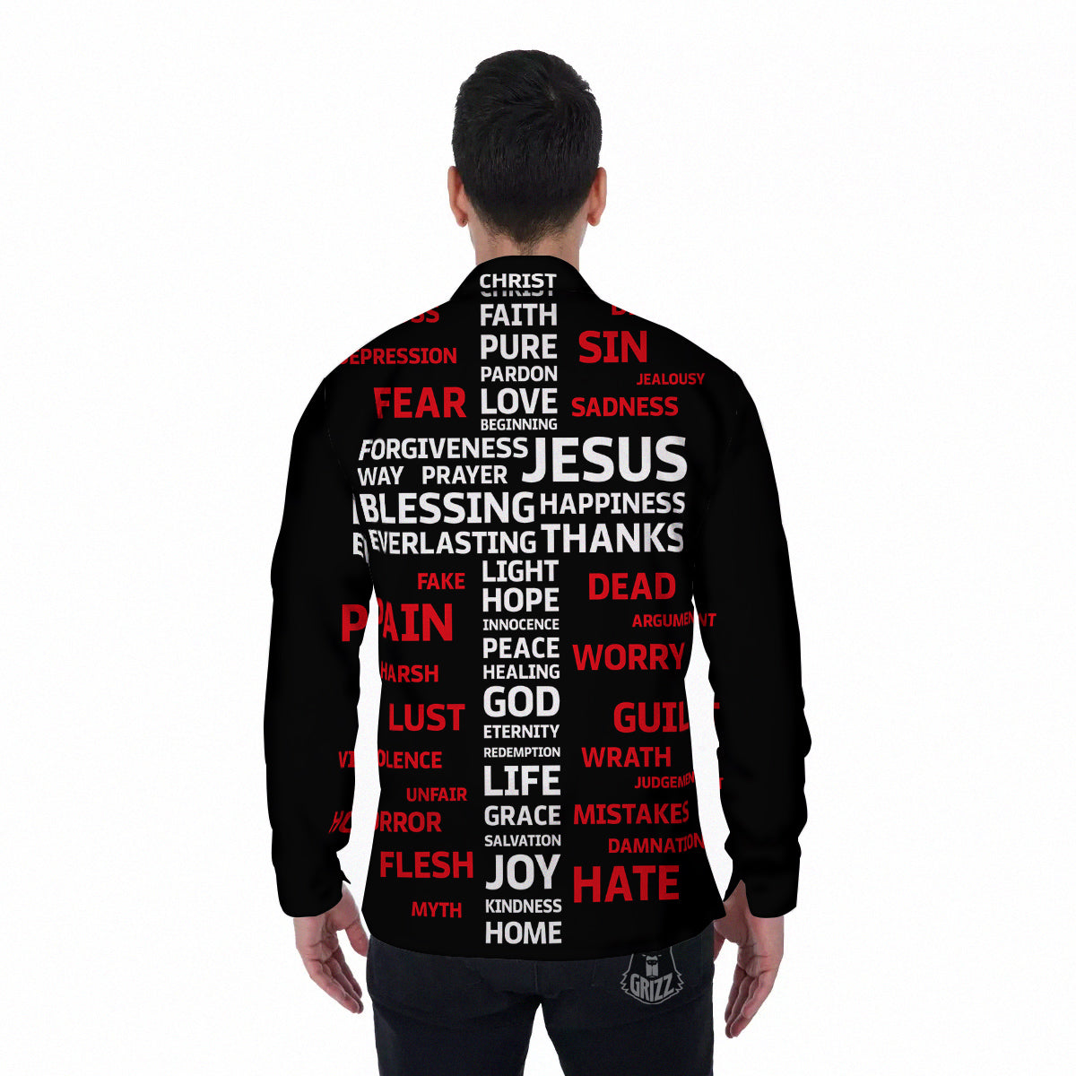 Religious Words Christian Cross Print Men's Long Sleeve Shirts-grizzshop