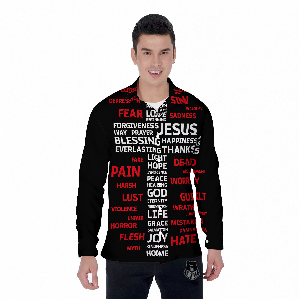 Religious Words Christian Cross Print Men's Long Sleeve Shirts-grizzshop