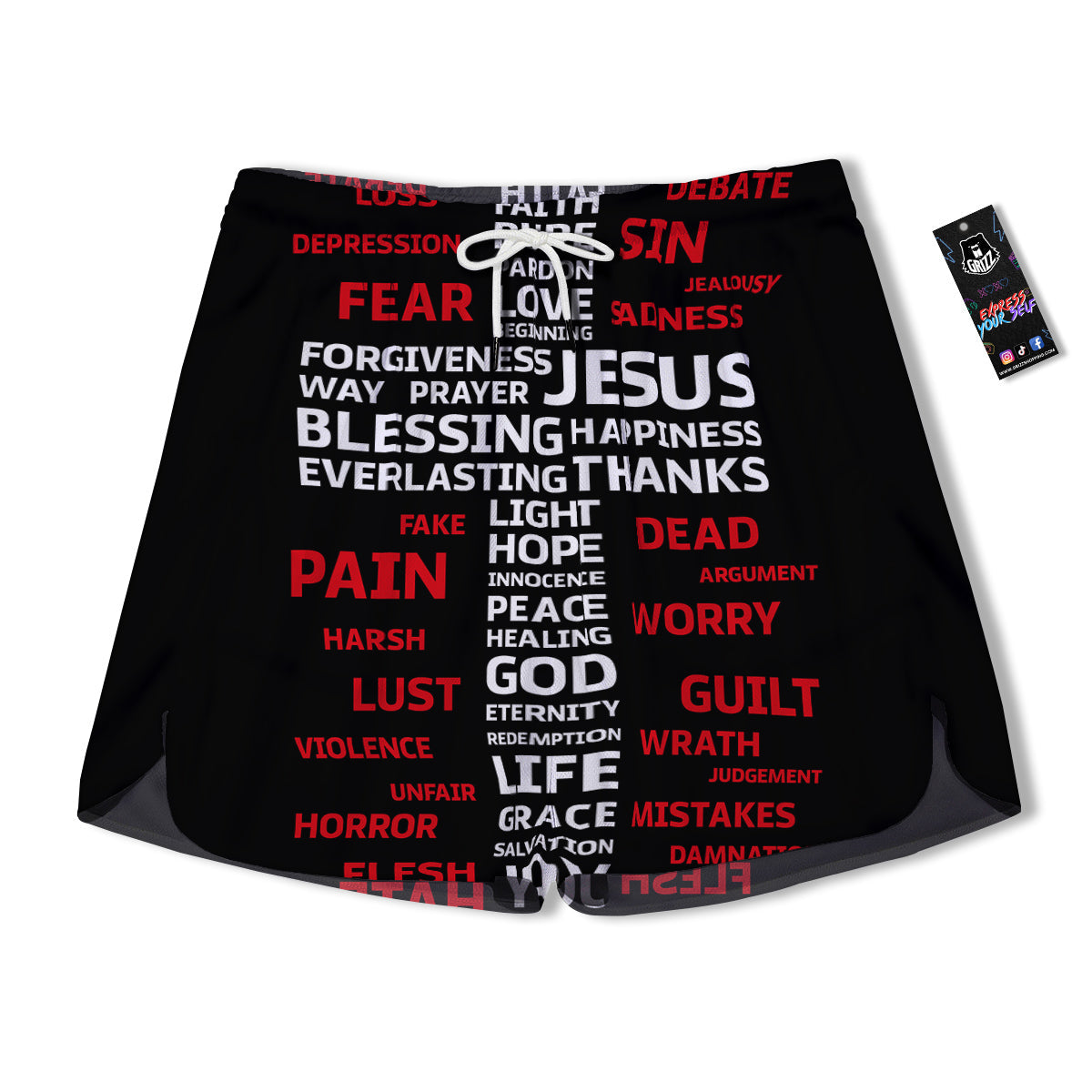 Religious Words Christian Cross Print Men's Running Shorts-grizzshop