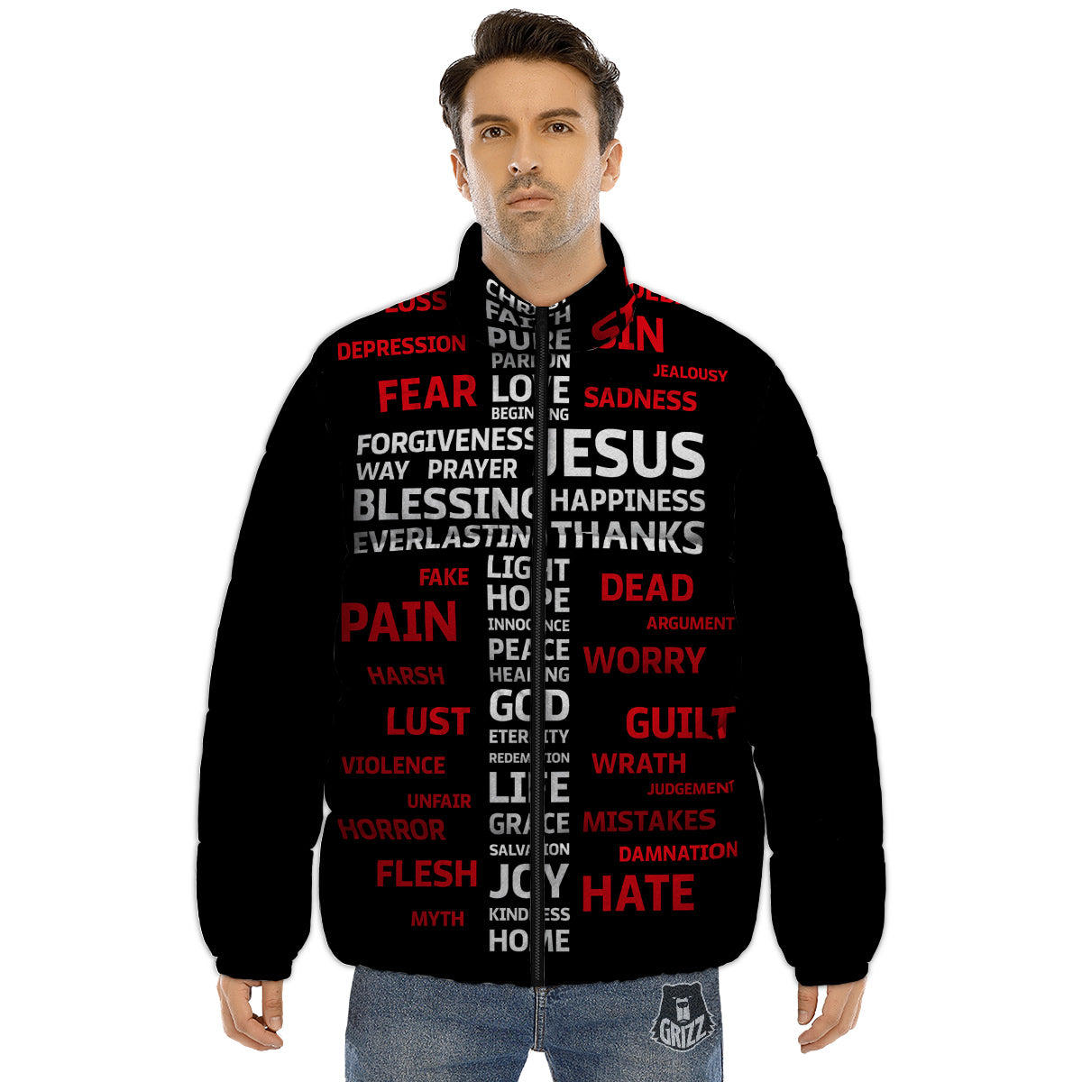 Religious Words Christian Cross Print Puffer Jacket-grizzshop