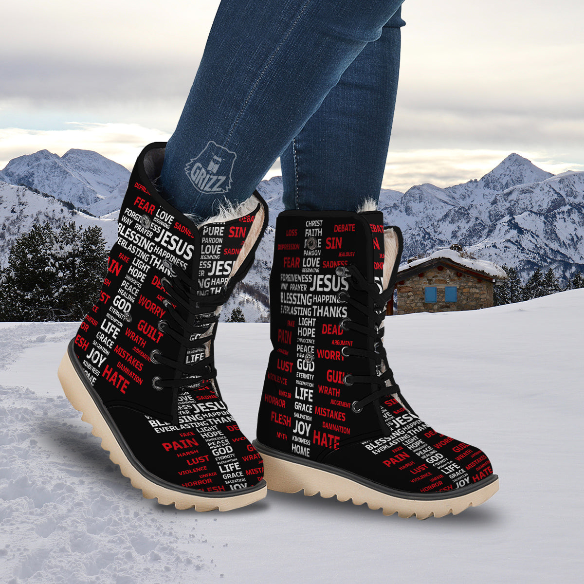 Religious Words Christian Cross Print Snow Boots-grizzshop