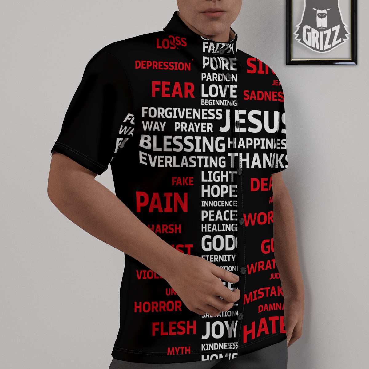 Religious Words Christian Cross Print Untucked Shirts-grizzshop
