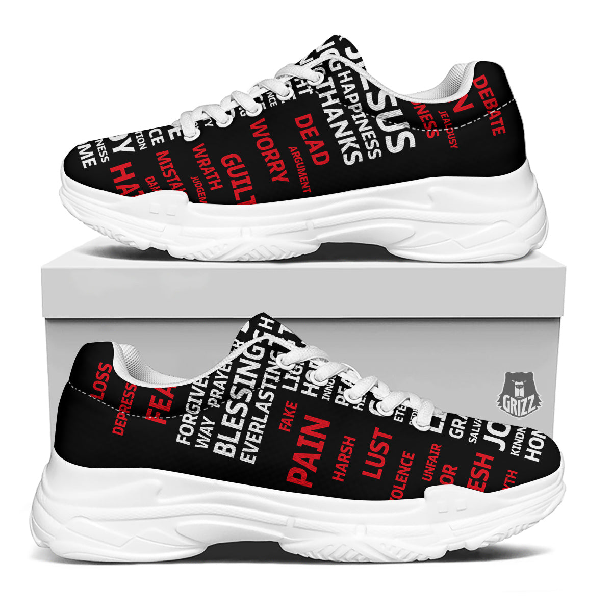 Religious Words Christian Cross Print White Chunky Shoes-grizzshop