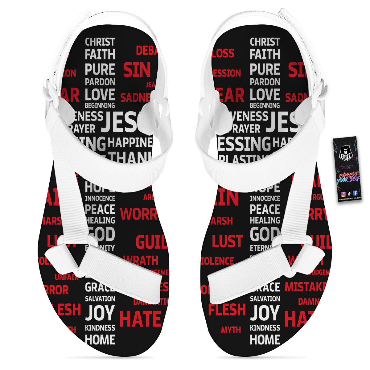 Religious Words Christian Cross Print White Open Toe Sandals-grizzshop