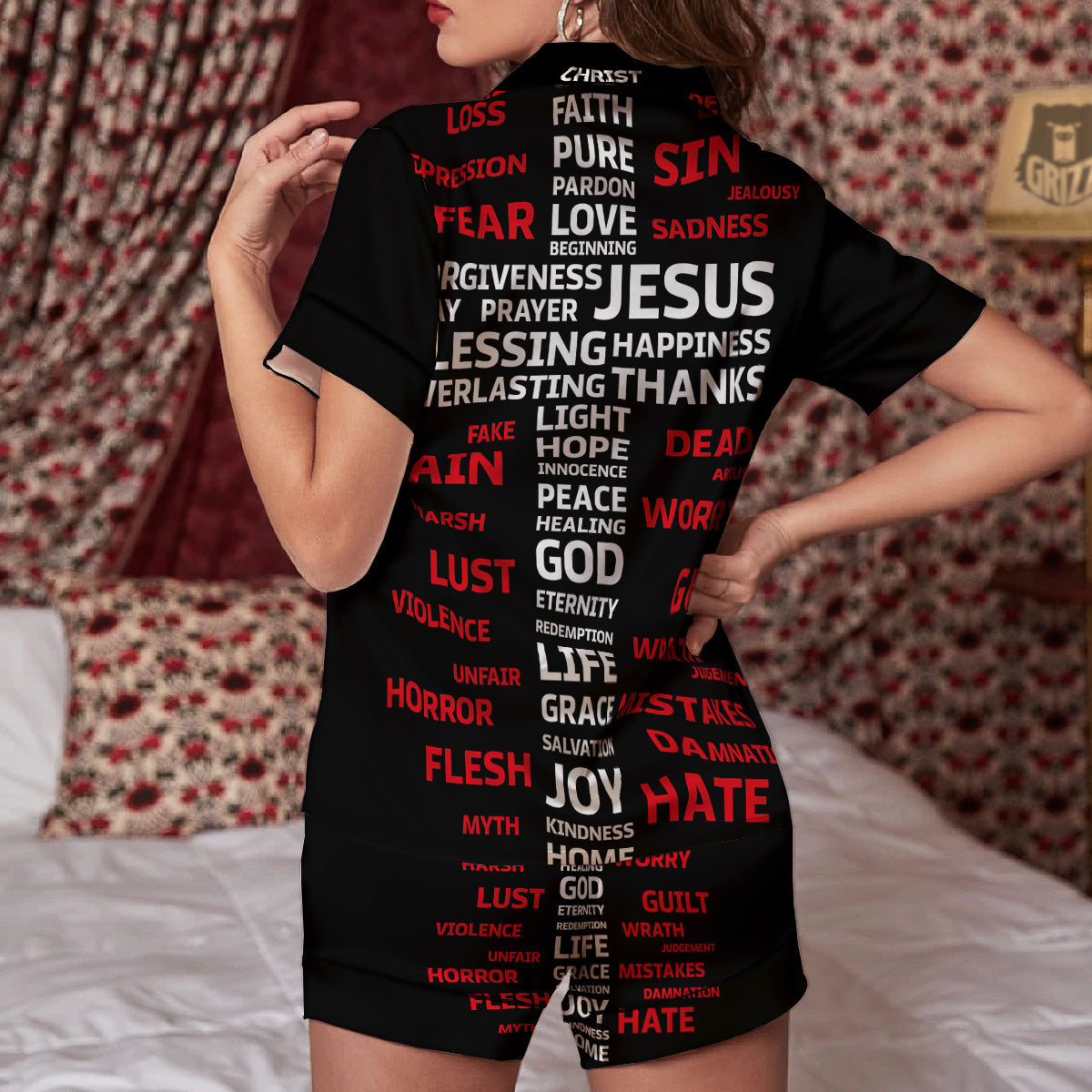 Religious Words Christian Cross Print Women Silk Pajamas-grizzshop