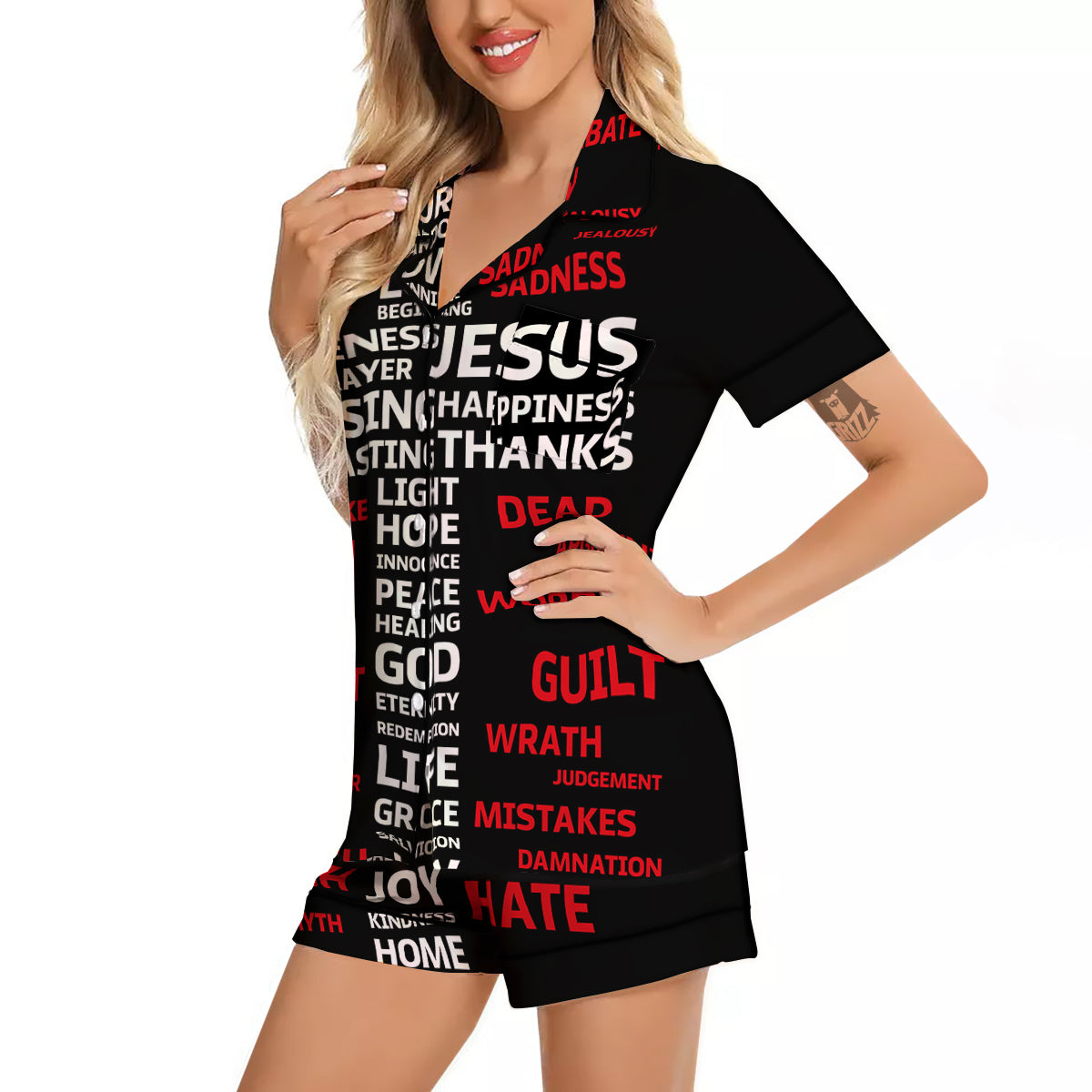 Religious Words Christian Cross Print Women Silk Pajamas-grizzshop