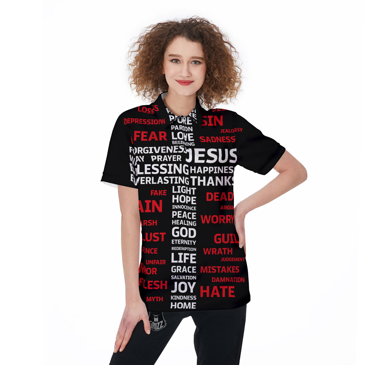 Religious Words Christian Cross Print Women's Golf Shirts-grizzshop