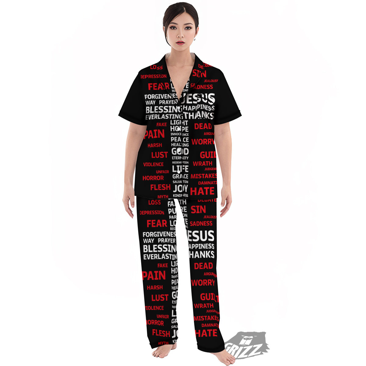 Religious Words Christian Cross Print Women's Pajamas Set-grizzshop