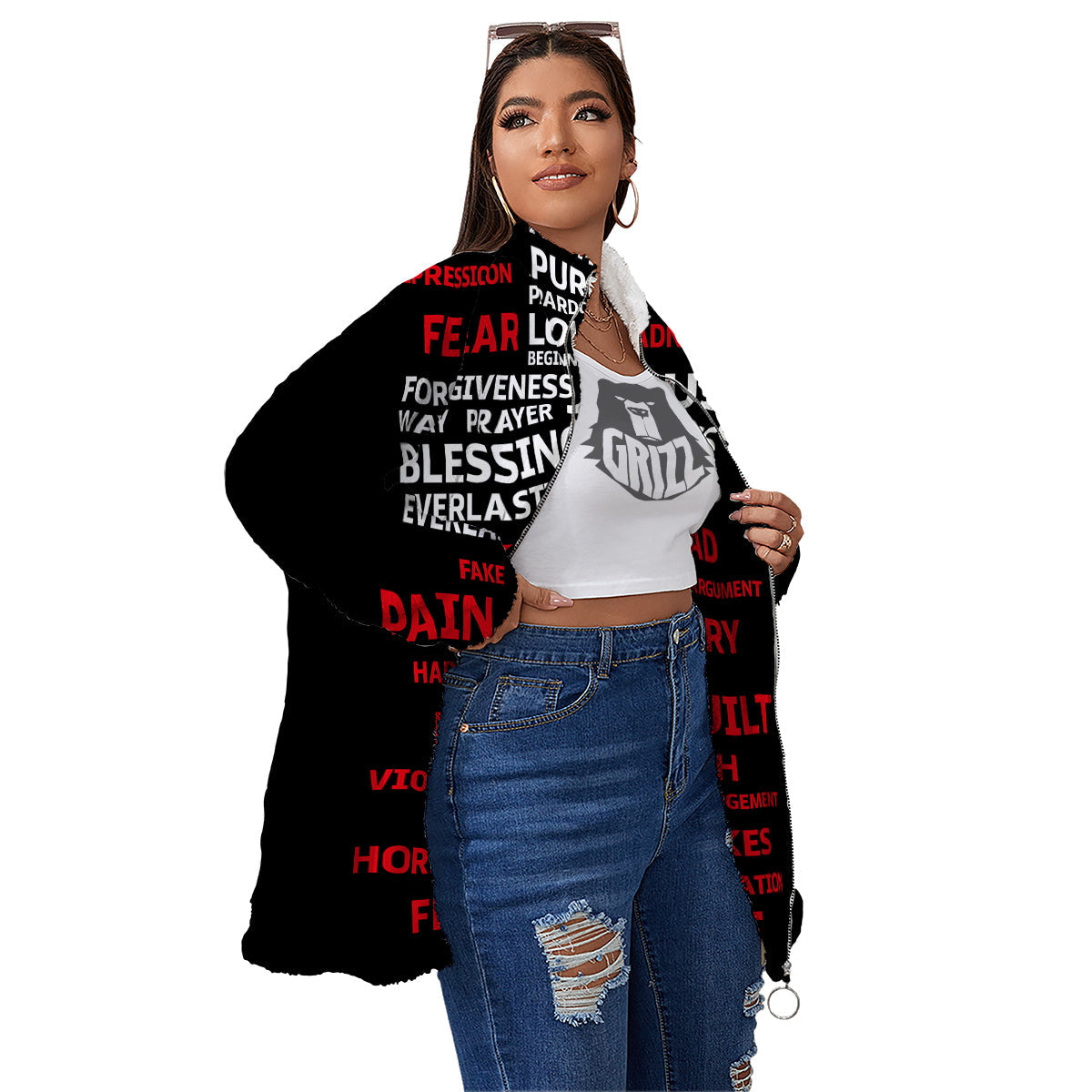 Religious Words Christian Cross Print Women's Sherpa Jacket-grizzshop