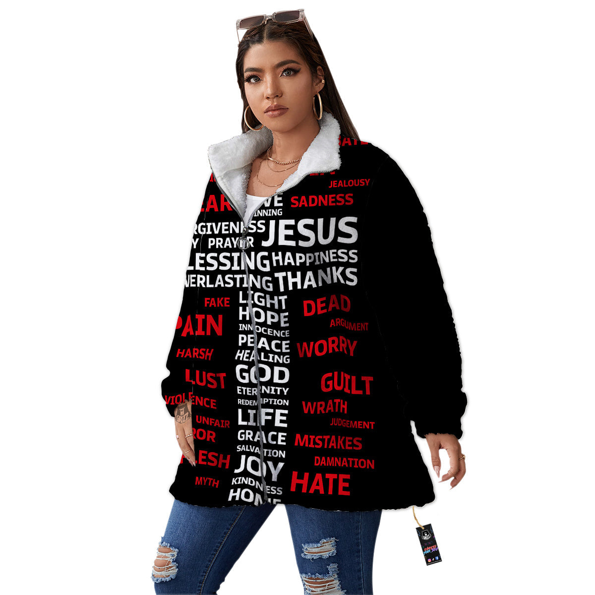 Religious Words Christian Cross Print Women's Sherpa Jacket-grizzshop